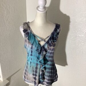 VENUS Blue and Gray Ruffled Tie Front Sleeveless Top